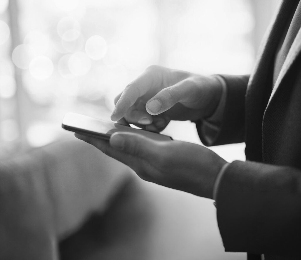 internet, smartphone and hands of businessman in office for inve