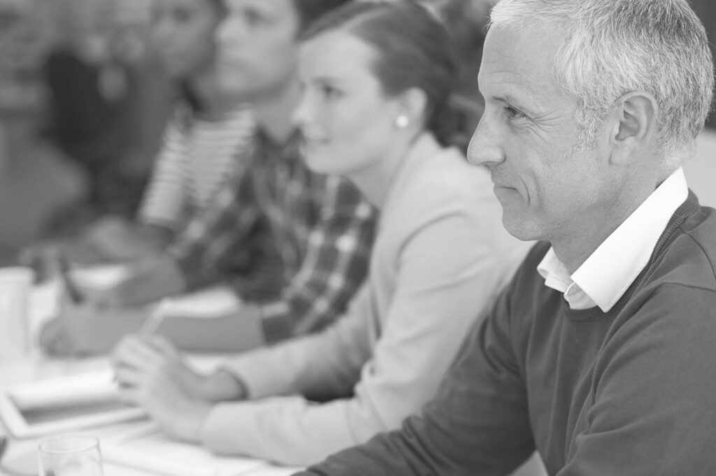 mature businessman, happy and training in presentation in semina